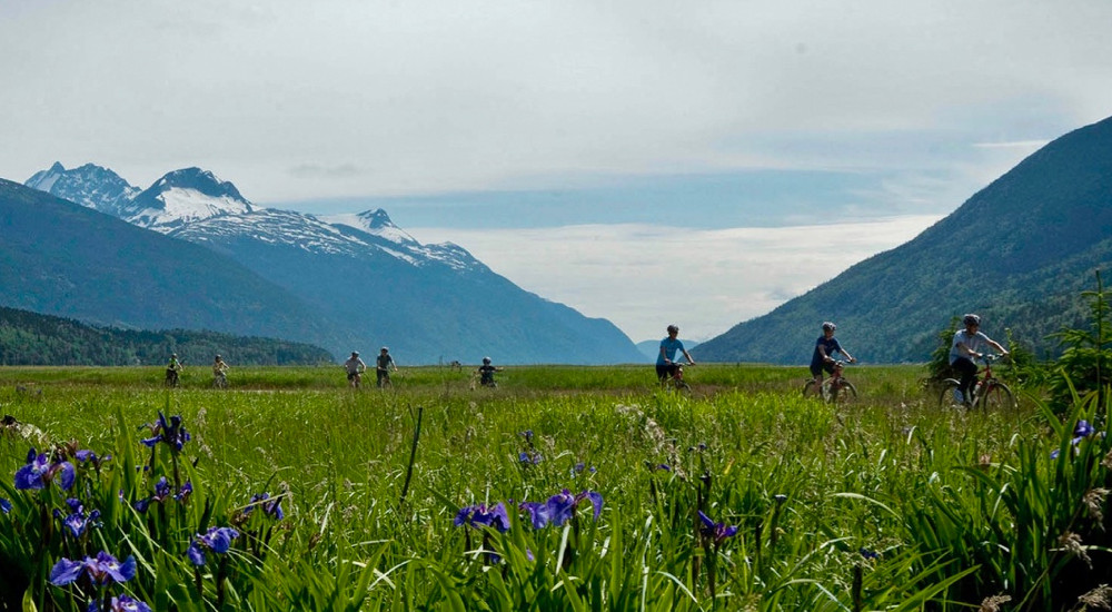 Biking along historic Dyea flats outside of Skagway